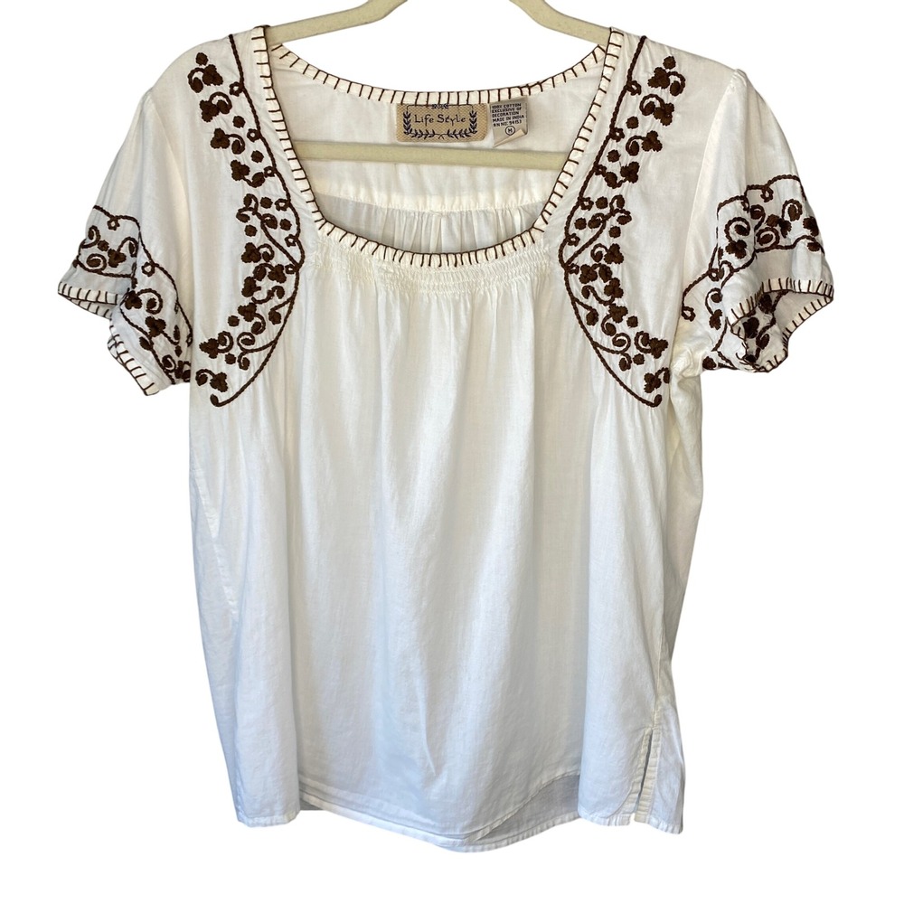 Life Style White Cotton Embroidered Peasant Blouse Brown Floral Square Neck M